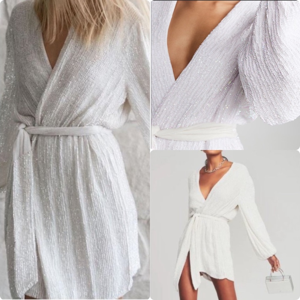 Retrofete Gabreille Sequin Long Sleeve Mini Wrap Dress Bridal Bachelorette S z0